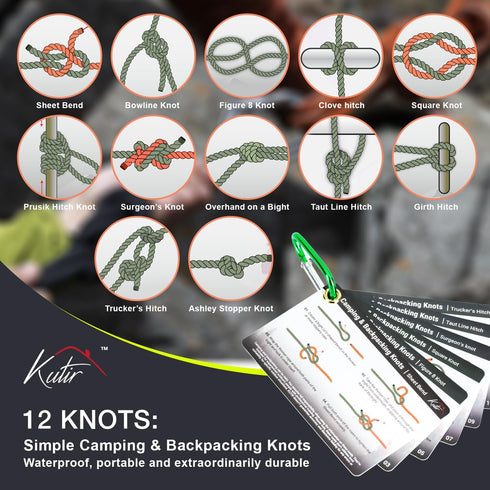 Outdoor Knots Mastery Guide, Essential Backpacking and Camping Pocket Size Knot Cards with Mini Carabiner