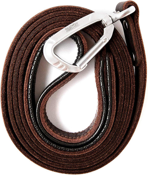 Mighty Paw Leather Dog Leash for Large Breeds, 6 Ft with Soft Padded Handle and Extra D-Ring for Waste Bags