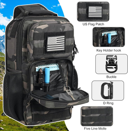 Pack Backpack Rover Sling Tactical Shoulder Sling Bag with Bottle Holder Crossbody Chest Bag, Black Camo