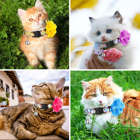 Weewooday 4 Pcs Spring Cat Collar for Girl Cats, Adjustable Flower Collars with Bell for Holiday Party and Daily