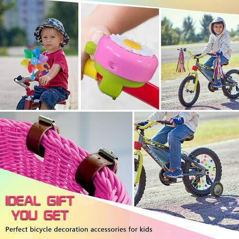 Kid's Adjustable Bicycle Basket Streamers Set, Front Handlebar Kit with Colorful Streamers, Bell, Windmill for Girls