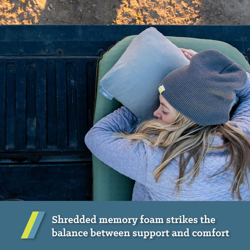 Klymit Drift Camping Pillow, Shredded Memory Foam Travel Pillow with Reversible Cover, Green, Regular