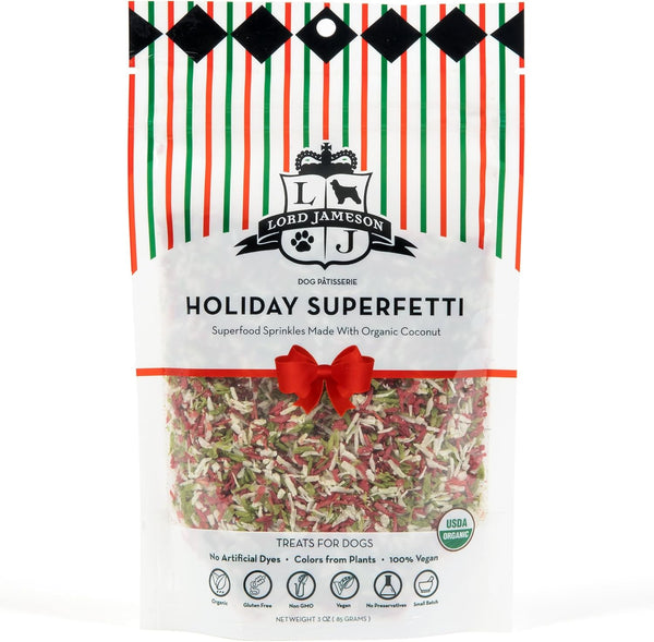 Holiday SuperFetti Dog Sprinkles 3oz - Organic Food Topper Made from Coconut, Red & Green Treat