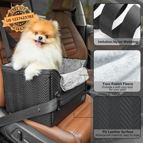 25 lbs PETSFIT Small Dog Car Seat, Waterproof PU Leather Dog Carseat with Patent Safe Buckles, Clip-On Leash, Car Seat