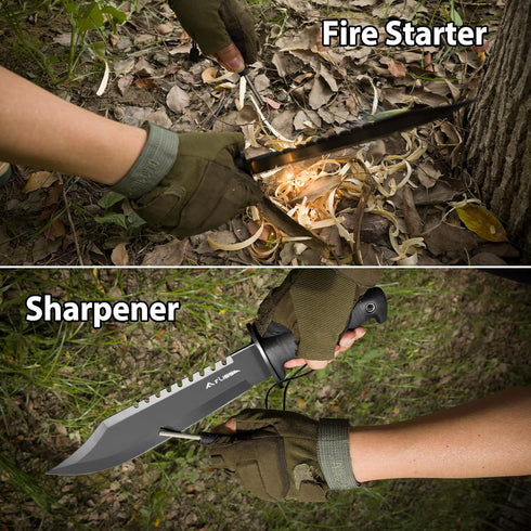 FLISSA 15-inch Tactical Bowie Knife with Sheath, Fixed Blade Survival Knife, Sharpener & Fire Starter for Camping