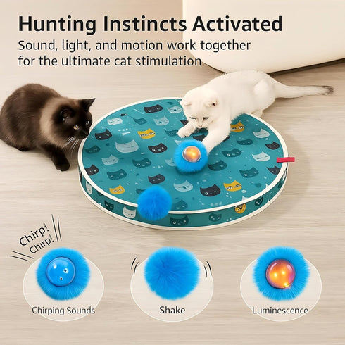 3 Interactive Cat Toys, Play Mat with Automatic Motion Balls, LED Lights, Bird Chirping Sound, Speed Levels, Indoor