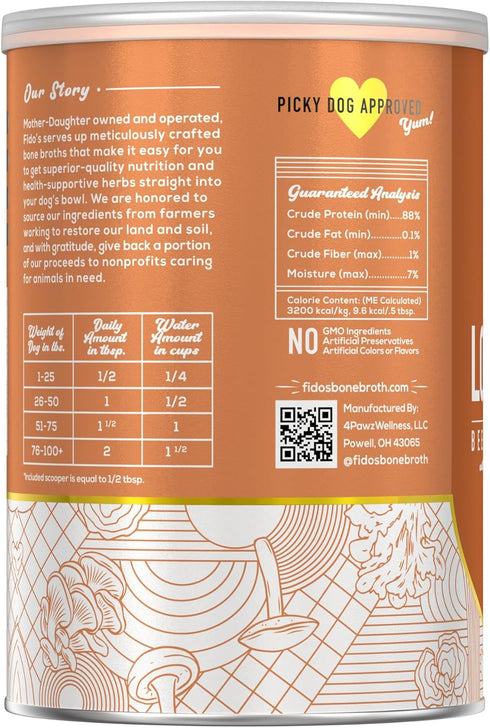 Immune 60 Fido's Longevity Bone Broth for Dogs - Turkey Tail + Maitake Mushroom - Grass-Fed Beef Bone Broth Powder