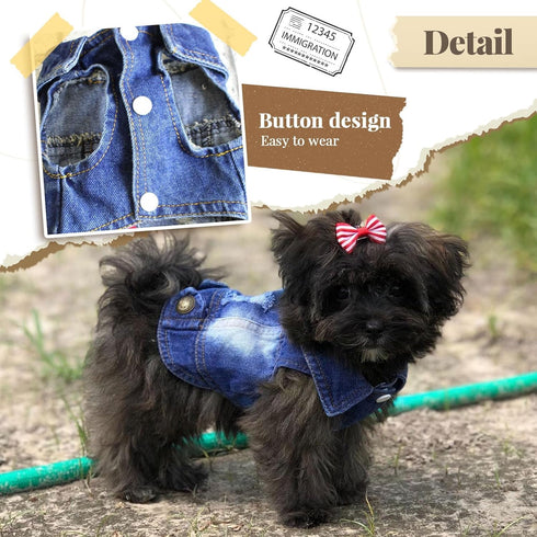 Cool Dog Jean Jacket - Small Puppy Outfits for Frenchie, Denim Coats for Small Medium Dogs (Blue, S - 4-6 lbs)