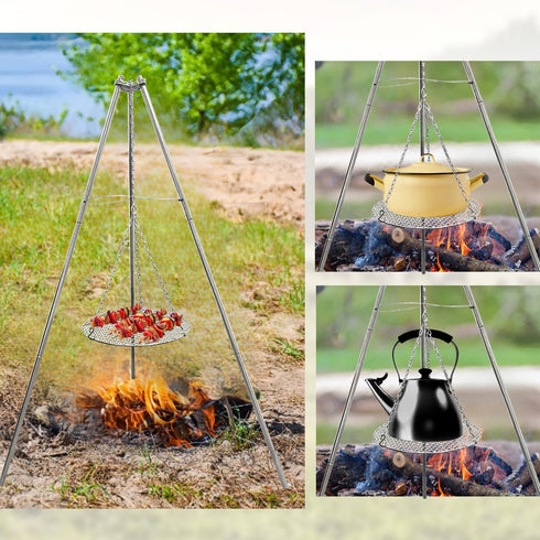 YBTMG Camp Fire Tripod for Cooking, Stainless Steel Camping Fire Grill with Adjustable Chain for BBQ