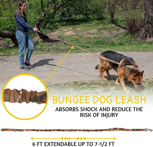 Heavy Duty Bungee Dog Leash 6 ft - 7.5 ft for Large and Medium Dogs | No Pull, Reflective, Tactical Dog Leash | Soft Neoprene Padded Double Handle Camo