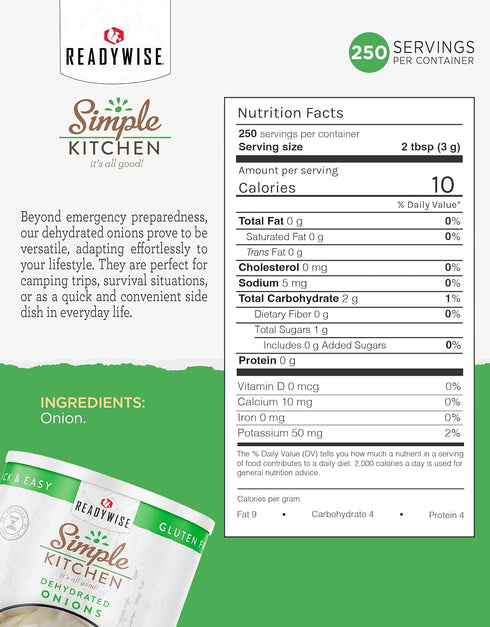 250 Backpacking #10 Package Simple Kitchen Dehydrated Chopped Onions - Servings for Family Meal Prep, Gluten Free