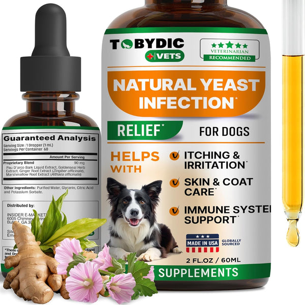 Natural Dog Yeast Infection Relief - Herbal Medicine Drops Supplement for Itchy Skin & Ear Treatment - Made in USA