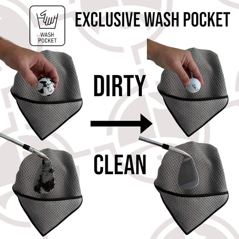 Multi-Function Magnetic Golf Towel, 16" x 24", Light Grey with Wash Pocket and Ball Scrubber