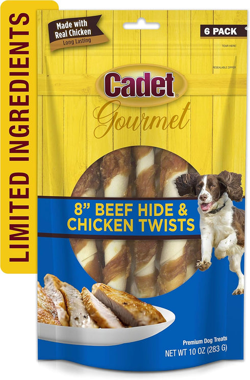 Cadet Gourmet Beef Hide Twist Chew Sticks, 6 Count, Long Lasting Natural Chew Treats, Chicken Flavor