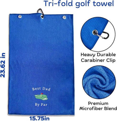 Funny Golf Towel, Best Dad by Par, Embroidered Golf Gifts for Men, Blue Golf Accessories