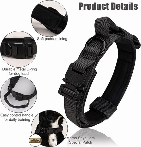 KCUCOP Tactical Dog Collar with Mama Says I'm Special Patch, Adjustable Heavy Duty Metal Buckle for Medium and Large