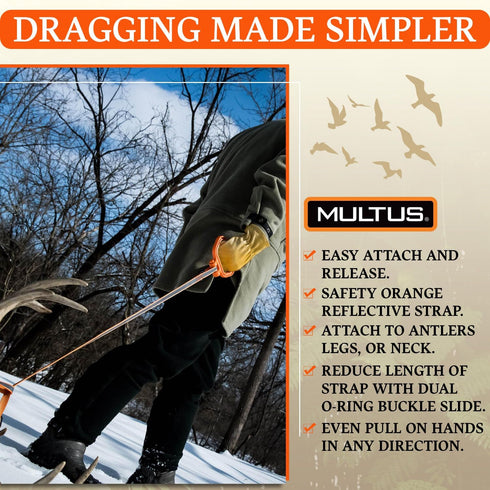 MULTUS Perfect Deer Drag, Durable Safety Reflective Orange Strap with Comfort Grip Handle for Game Dragger