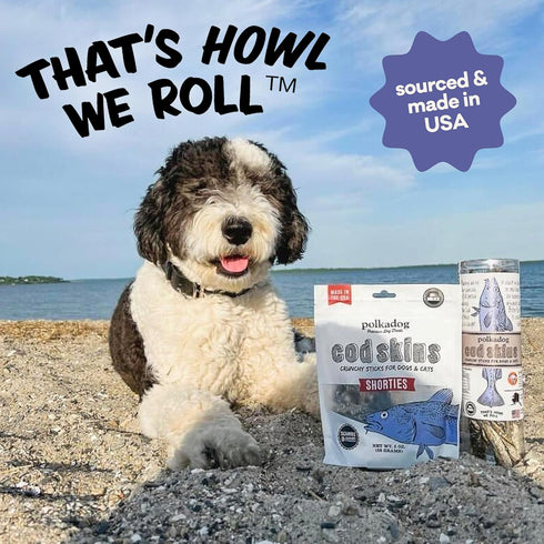 Polkadog Cod Skins for Dogs (2oz Shortie) - Single Ingredient Wild-Caught Fish Skin Dog Treats, Grain Free