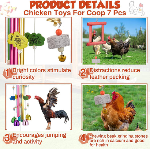 VioraWhite 7 2 4 Pack Pcs Chicken Toys, Hanging Chicken Wind Chime, Pcs Coop Mirror Toys with Bells Beak Grinding