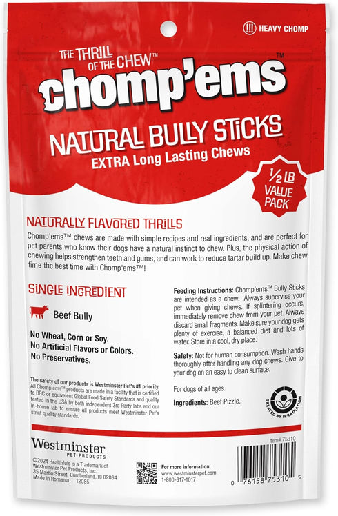 Chomp'ems Naturally Delicious Bully Sticks - Long Lasting No Hide Dog Chews, 8 Oz, No Artificial Additives
