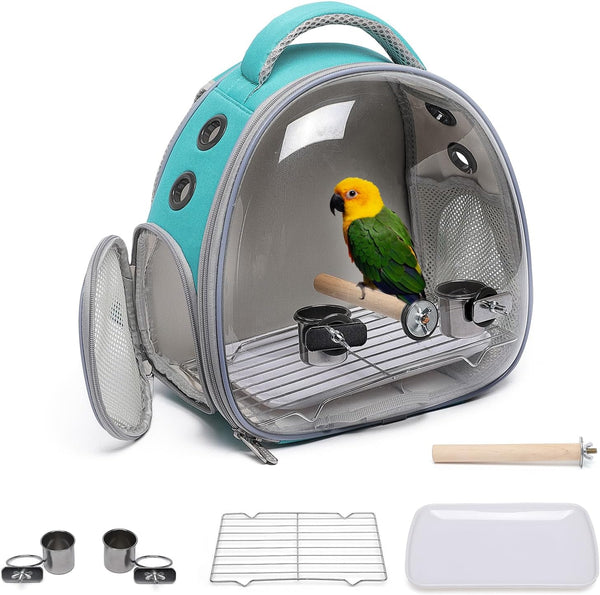Bird Carrier Cage, Pet Travel Carrier Backpack, Green, with Standing Perch and Food Bowl