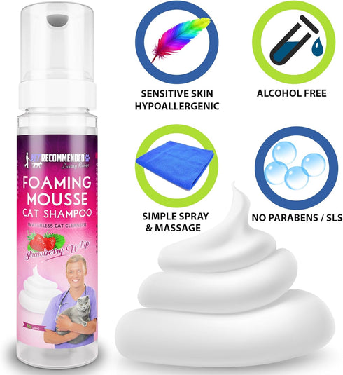 Waterless Cat Shampoo Foaming Mouse - 8 Oz/240 ml Strawberry Patch Scent - Alcohol & Detergent Free for Sensitive Skin