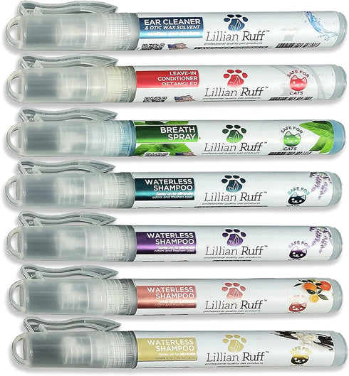 Lillian Ruff Travel Kit for Dogs, Deodorizing Waterless Dog Shampoo x4, Dog Breath Freshener, Detangler Spray, Ear