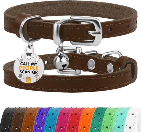 BRONZEDOG Leather Cat Collar with Bell, Non-Breakaway Kitten QR Tag for Cats/Mini Dogs (9" - 12", Brown & Silver)