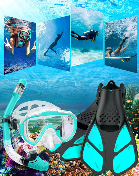 Snorkeling Gear for Adults, 4 in 2 Snorkel Set with Panoramic View Diving Mask, Anti-Fog, Dry Top Snorkel, Fins