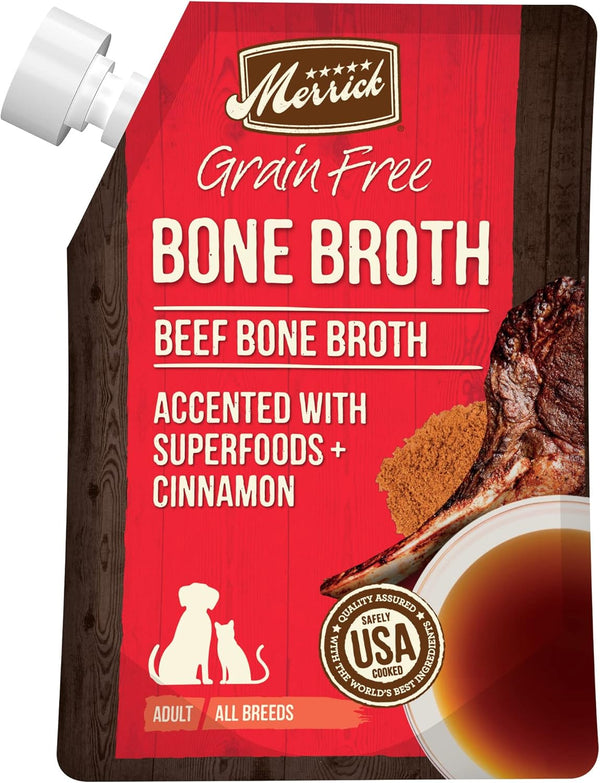 Merrick Grain Free Bone Broth, Premium Human Grade Dog and Cat Food Topper Pouches, Beef - 16 oz.