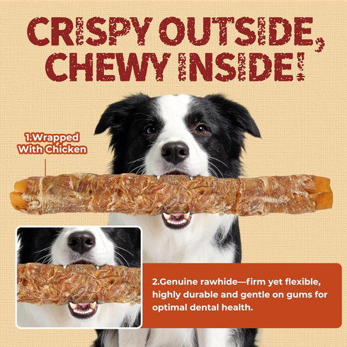 2 Packs 13" Just Try Large Size Chicken Wrapped Rawhide Dog Chew Sticks - Long Lasting Dog Chews, Dog Treats for Large