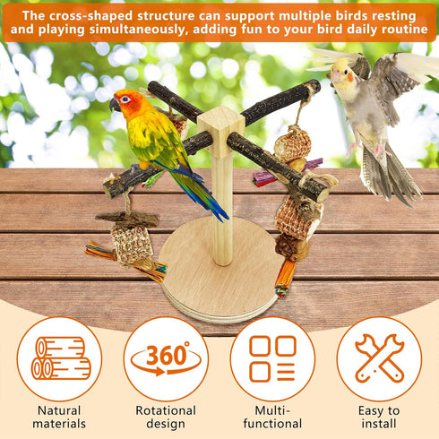 Finches Rotating Bird Perch Stand Toy Natural Wooden Parakeet Toys with Edible Chew Toy Interactive Spinning Toy Bird
