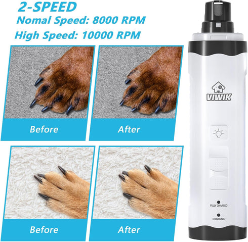 Dog Nail Grinder with Trimmers - Quiet Electric Pet Nail Grinder Kit for Large, Medium, Small Dogs & Cats - 2-Speed USB