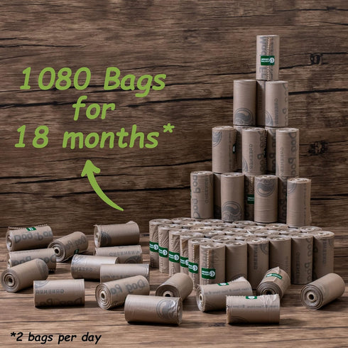 1080 100% GREENER WALKER Poop Bags for Dog Waste, Doggy Waste Bags Extra Thick Strong Leak-Proof (Brown)