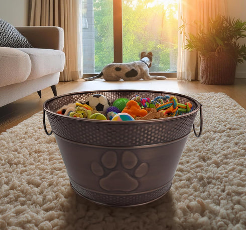 Metal Indestructible Dog Toy Bin - Farmhouse Organizer Storage Basket for Pet Toys, Blankets, Leashes, Lead-Free Copper