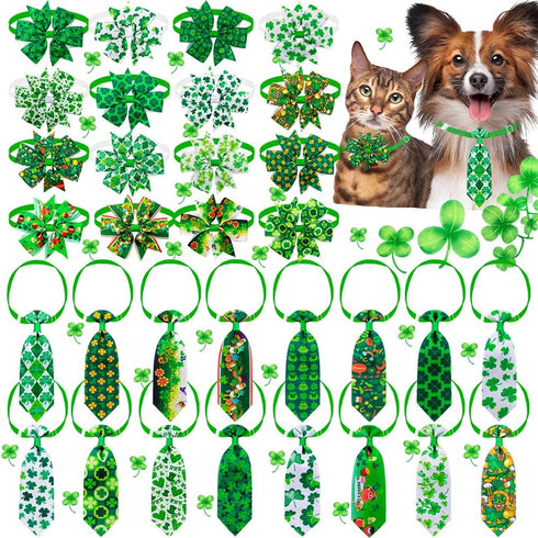 32pcs St. Patrick's Day Dog Collar Bows Ties, Adjustable Holiday Green Basic Dog Collars, Bulk Clover Lucky Pattern