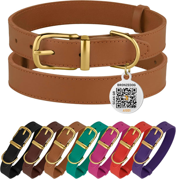BRONZEDOG Leather Dog Collar with Metal Buckle, Durable Basic Pet Collars for Small Medium Large Dogs (14-17 Inch,