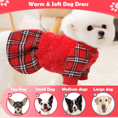 Small Dog Christmas Sweater Dress, Red Plaid Xmas Winter Outfit for Girls, Holiday Clothing Pet Apparel