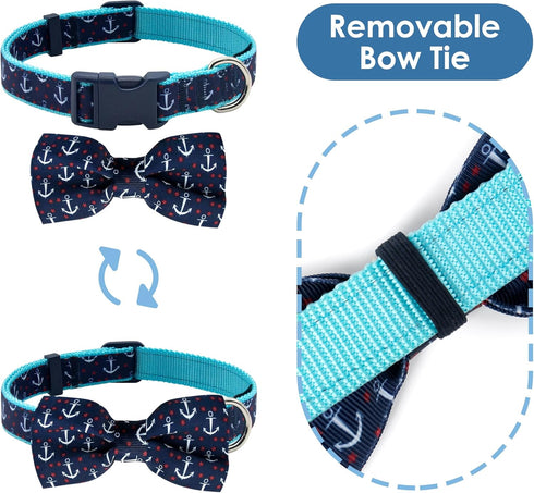 azuza Anchor Dog Collar with Bow Tie, Soft Comfortable Adjustable Collar for Medium Dogs