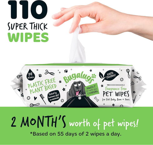 110 Biodegradable Dog Wipes, 100% Plastic Free for Full Body, Eye, Ear, Bum & Paws Grooming, Fragrance Free