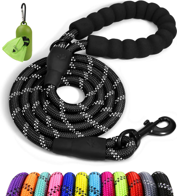 Taglory Rope Dog Leash 6 FT with Comfortable Padded Handle, Highly Reflective Threads for Medium Large Dogs (Black)