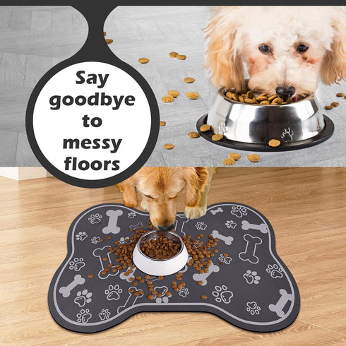 Dog Cat Food Mat - Rapid Absorbent Pet Feeding Mat, Bone Shaped Placemat with Rubber Backing, Dark Grey