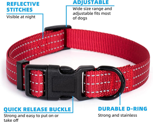 Mile High Life Dog Collar, Nylon Reflective Dog Collars, Light Weight Puppy Collars, Solid Red for Medium Dogs