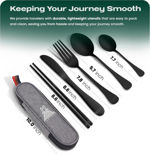 Portable Travel Silverware Set With Case, Includes 5 Pcs of Travel Utensils With Case, Stainless Steel Flatware Set For Camping, Easy to Travel, Lightweight (Black) by TAPLORD