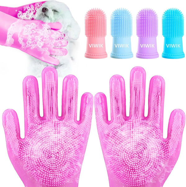 Dog Bath Gloves with 4 Pack Dog Toothbrush - Grooming Kit for Small, Medium, Large Dogs, Silicone Washing Gloves