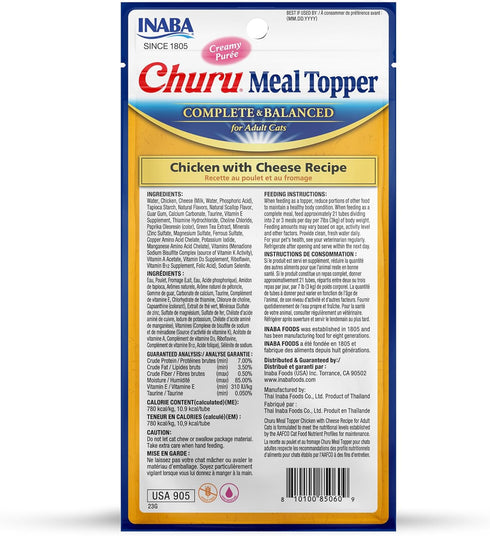 INABA Churu Meal Topper for Cats, Complete & Balanced, Creamy, Lickable Purée Cat Food Topper, 0.5 Ounce Tube, 24 Tubes (4 per Pack), Chicken with Cheese Recipe