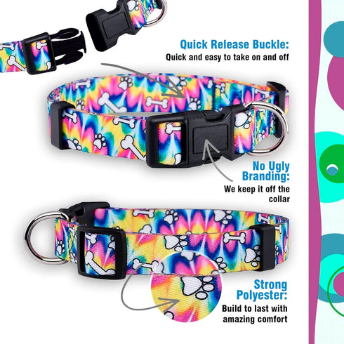 Native Pup Tie Dye Dog Collar, Paws and Bones Hippie Tiedye for Large Dogs