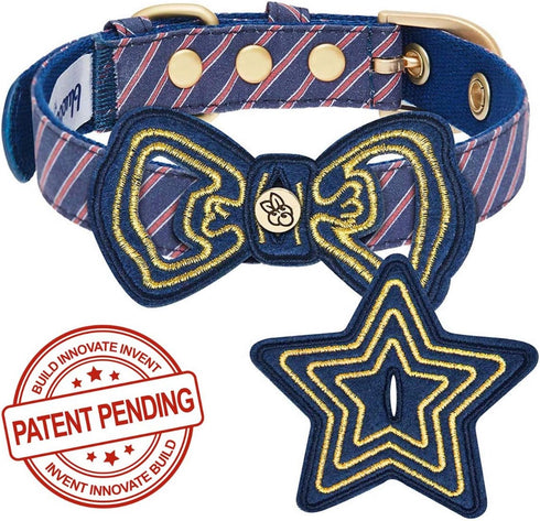 Blueberry Pet Adjustable Dog Collar with Metal Buckle and 2 Detachable Bowtie, Blue Asymmetric Stripe