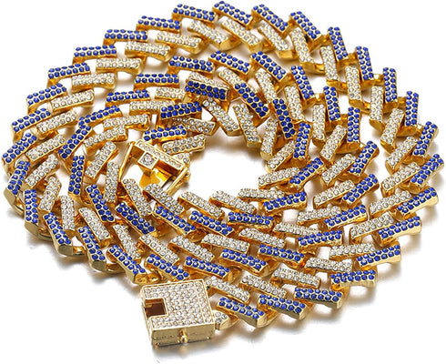 Halukakah Iced Out Gold Chain for Large Dogs - 14MM Diamond Cuban Link Necklace Collar with Blue Diamonds, 22" Size