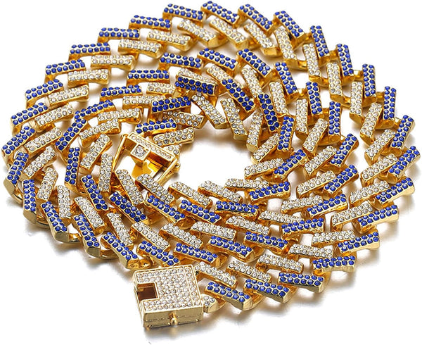 Halukakah Iced Out Gold Chain for Large Dogs - 14MM Diamond Cuban Link Necklace Collar with Blue Diamonds, 22" Size